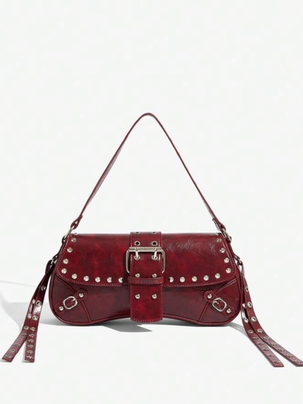 Burgundy Studded Buckle Shoulder Bag – Y2K Vintage Edgy Mini Handbag - Picture 3 of 8